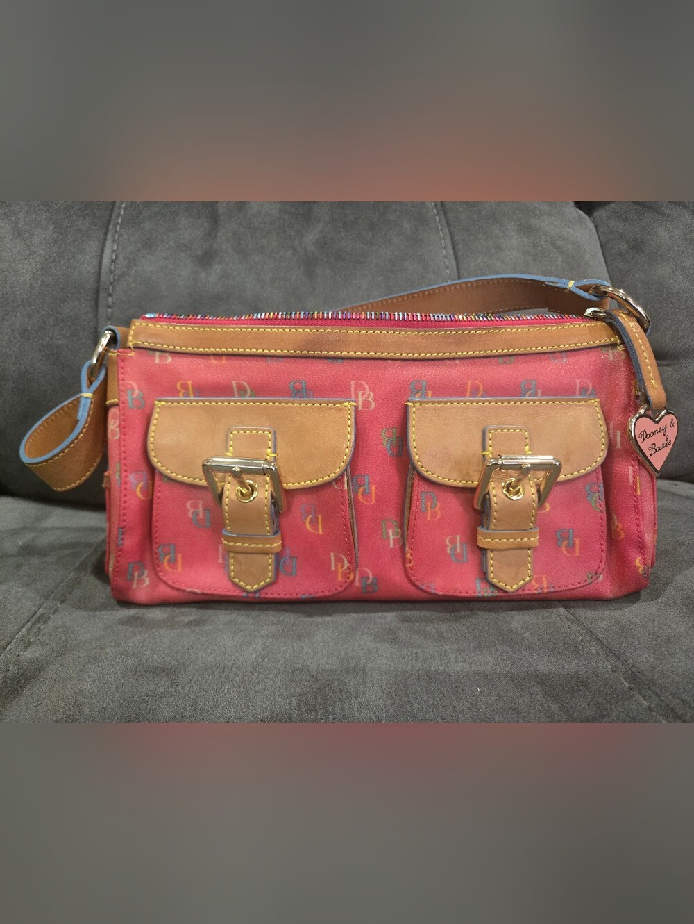 Dooney & Bourke Pink Signature Canvas Dual Pocket Shoulder Bag with Tan Trim